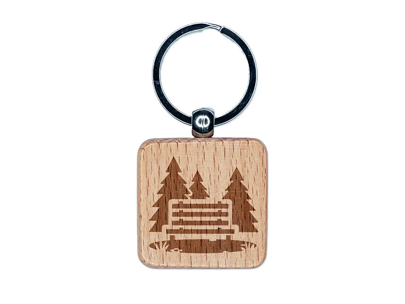 National Park Bench with Pine Trees and Grass Engraved Wood Square Keychain Tag Charm