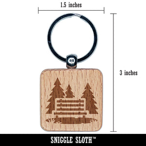 National Park Bench with Pine Trees and Grass Engraved Wood Square Keychain Tag Charm