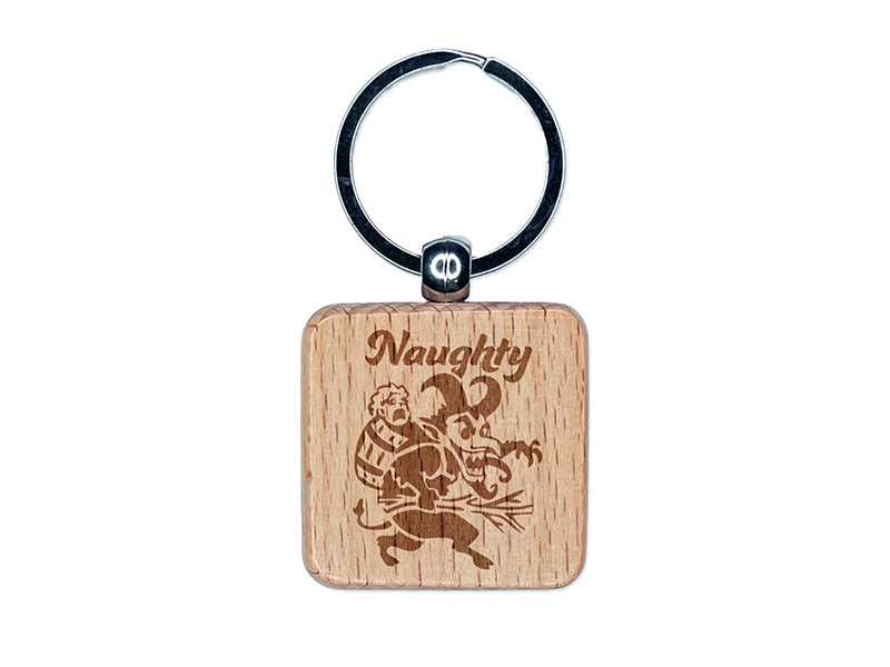 Naughty Impish Krampus Christmas Monster Demon Devil Engraved Wood Square Keychain Tag Charm