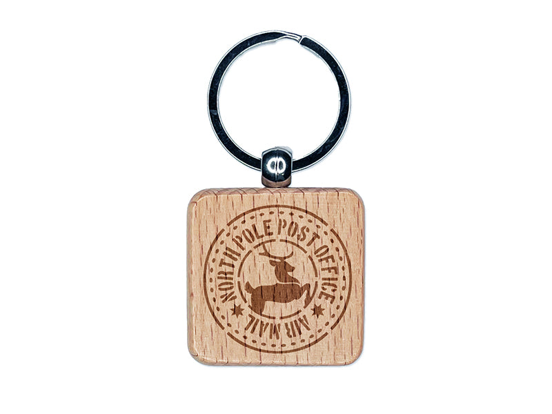 North Pole Post Office Air Mail Post Mark Christmas Reindeer Engraved Wood Square Keychain Tag Charm