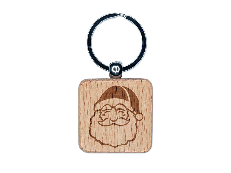 Santa Claus Head with Big Bushy Beard Christmas Holiday Engraved Wood Square Keychain Tag Charm