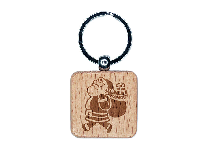 Santa Claus with Bag of Gifts Christmas Holiday Engraved Wood Square Keychain Tag Charm