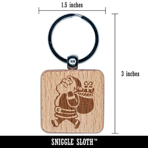 Santa Claus with Bag of Gifts Christmas Holiday Engraved Wood Square Keychain Tag Charm