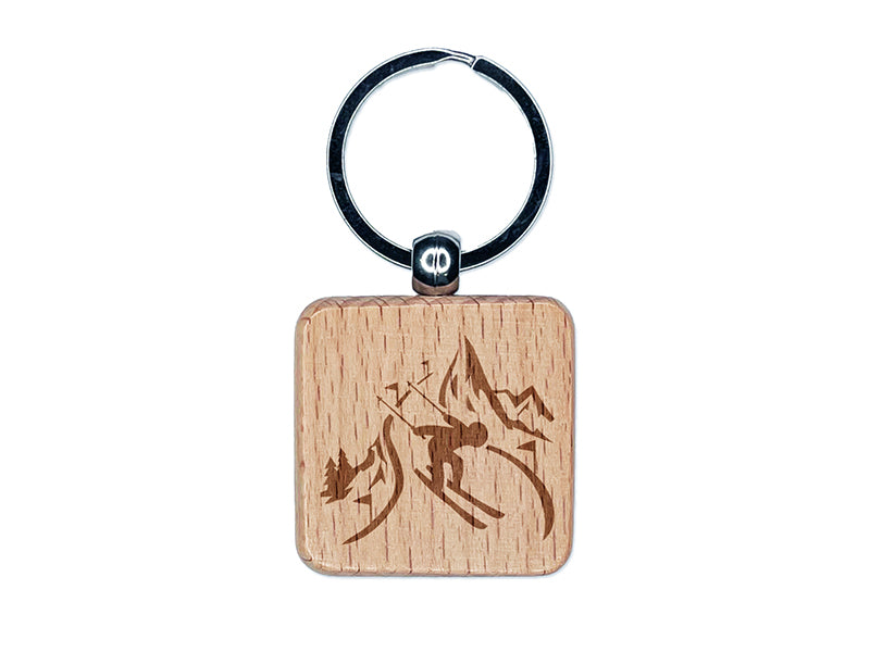 Skier Skiing Down Mountain Slopes Engraved Wood Square Keychain Tag Charm