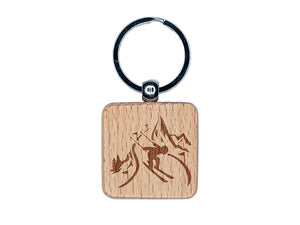 Skier Skiing Down Mountain Slopes Engraved Wood Square Keychain Tag Charm