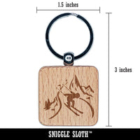 Skier Skiing Down Mountain Slopes Engraved Wood Square Keychain Tag Charm