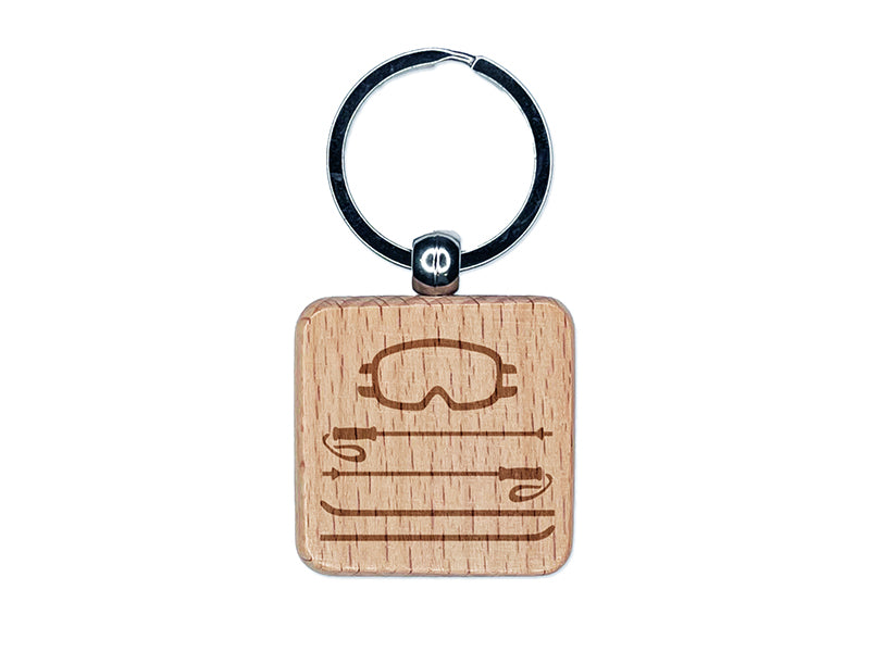 Skiing Goggles Poles Equipment Sport Engraved Wood Square Keychain Tag Charm