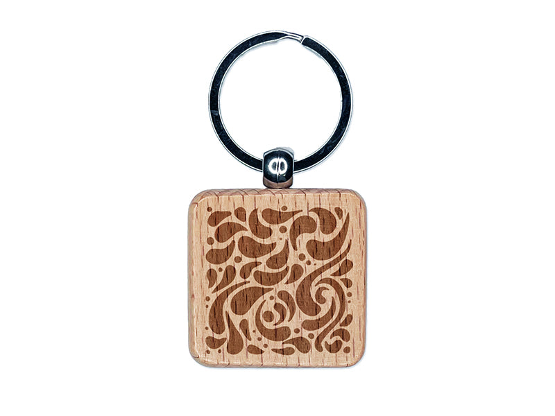 Swirling Water Droplets Abstract Pattern Engraved Wood Square Keychain Tag Charm