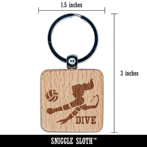 Volleyball Woman Dive Sports Move Engraved Wood Square Keychain Tag Charm