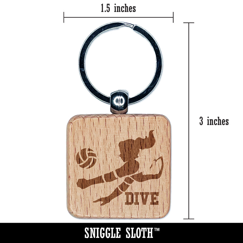 Volleyball Woman Dive Sports Move Engraved Wood Square Keychain Tag Charm