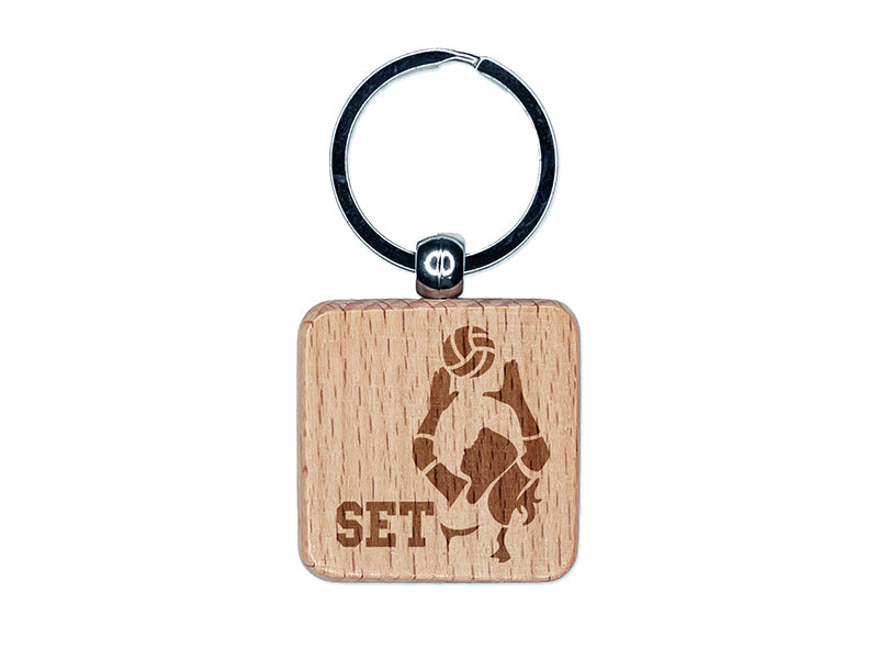 Volleyball Woman Set Sports Move Engraved Wood Square Keychain Tag Charm