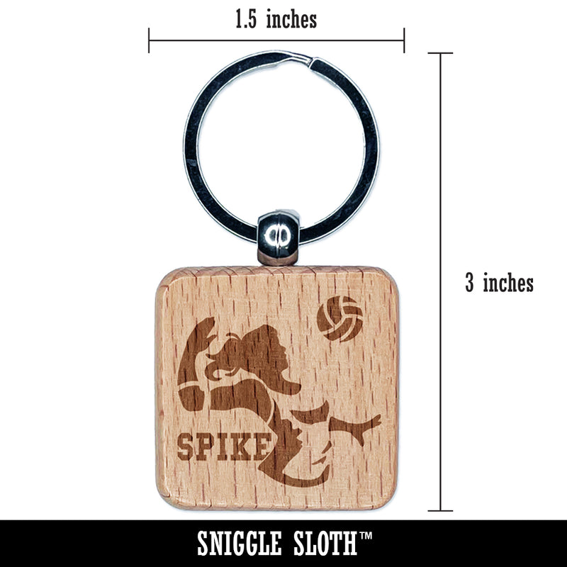Volleyball Woman Spike Sports Move Engraved Wood Square Keychain Tag Charm