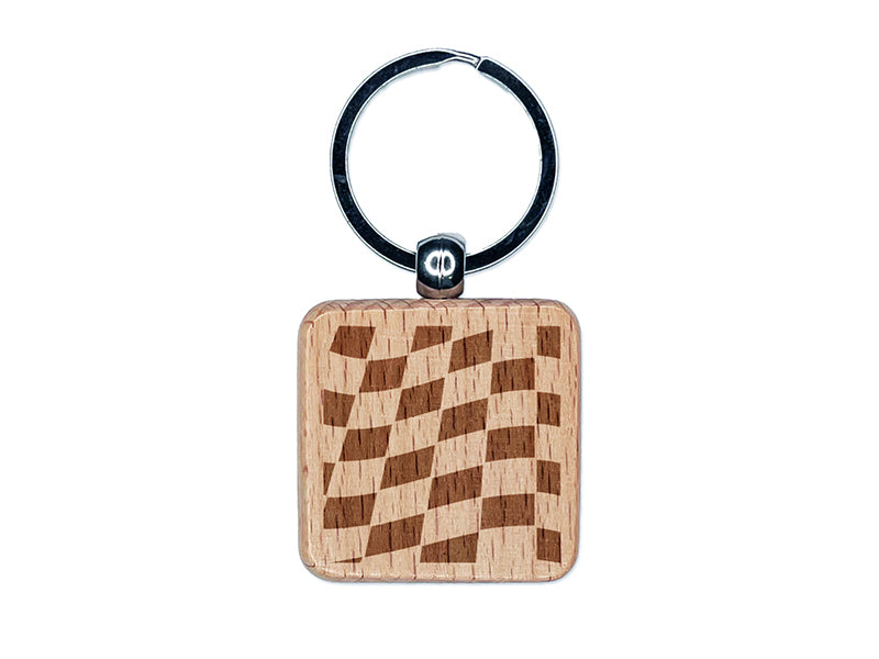 Waving Racing Checkered Flag Pattern Engraved Wood Square Keychain Tag Charm