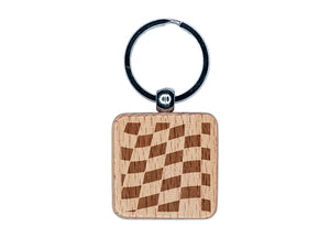 Waving Racing Checkered Flag Pattern Engraved Wood Square Keychain Tag Charm