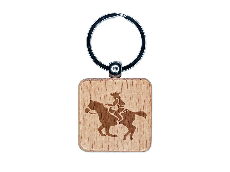 Wild Western Cowboy Riding on Horse Engraved Wood Square Keychain Tag Charm