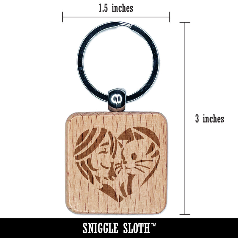 Woman with Cat Kitten Pet in Heart Engraved Wood Square Keychain Tag Charm