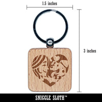 Woman with Dog Puppy Pet in Heart Engraved Wood Square Keychain Tag Charm