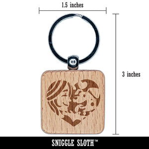 Woman with Dog Puppy Pet in Heart Engraved Wood Square Keychain Tag Charm