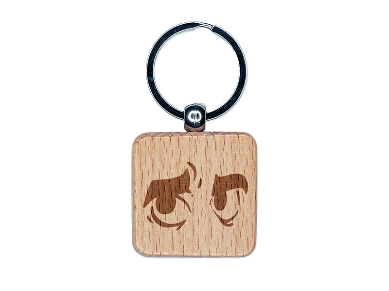 Worried Cartoon Eyes Looking to the Side Engraved Wood Square Keychain Tag Charm