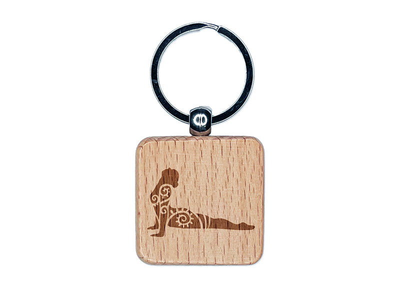 Yoga Pose Bhujanasana Cobra Pose Engraved Wood Square Keychain Tag Charm