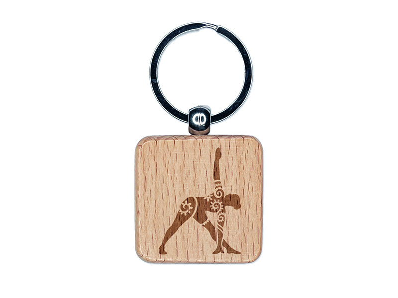Yoga Pose Trikonasana Triangle Pose Engraved Wood Square Keychain Tag Charm