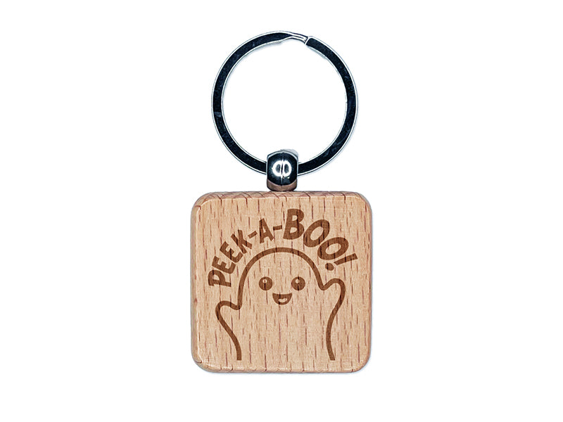 Halloween Peek A Boo Peeking Ghost Engraved Wood Square Keychain Tag Charm