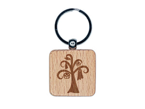 Halloween Tree Ghost Bat Jack-O'-Lantern Engraved Wood Square Keychain Tag Charm