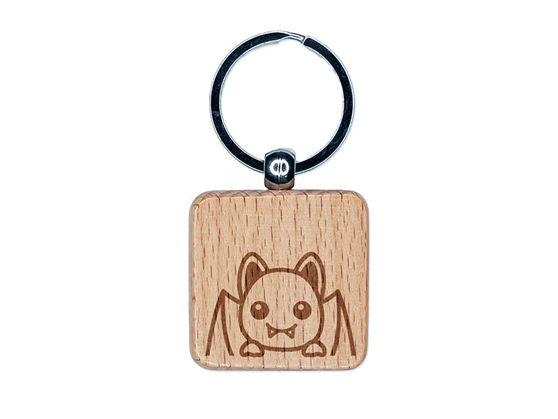 Peeking Bat Halloween Engraved Wood Square Keychain Tag Charm