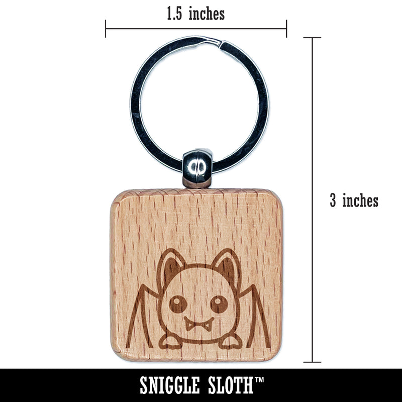 Peeking Bat Halloween Engraved Wood Square Keychain Tag Charm