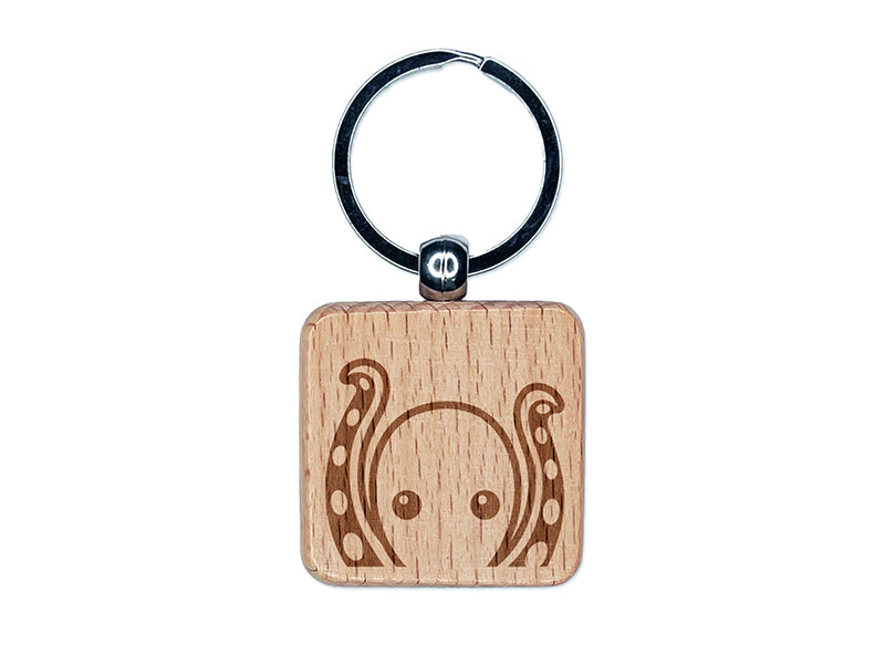 Peeking Octopus Engraved Wood Square Keychain Tag Charm