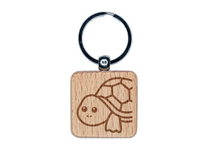 Peeking Turtle Engraved Wood Square Keychain Tag Charm