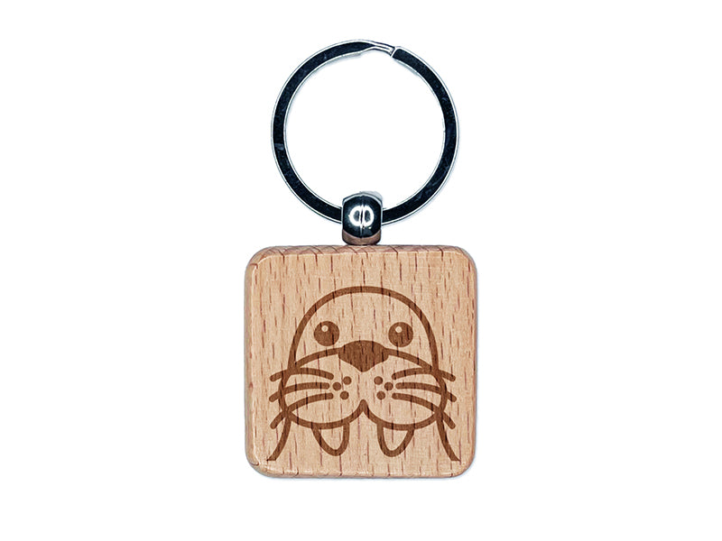 Peeking Walrus Engraved Wood Square Keychain Tag Charm