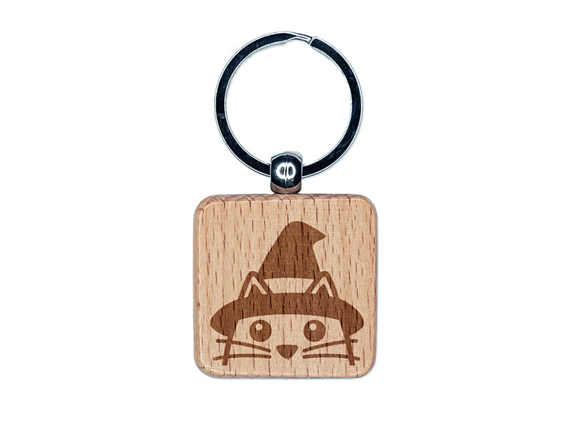 Peeking Witch Cat Halloween Engraved Wood Square Keychain Tag Charm
