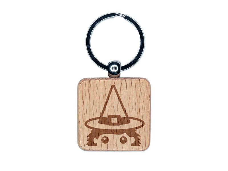 Peeking Witch Halloween Engraved Wood Square Keychain Tag Charm