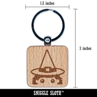 Peeking Witch Halloween Engraved Wood Square Keychain Tag Charm