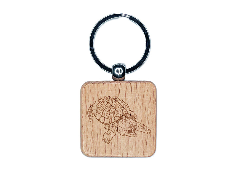 Alligator Snapping Turtle Engraved Wood Square Keychain Tag Charm