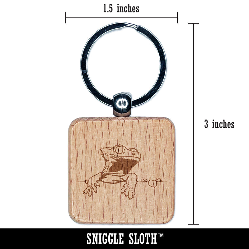 Crested Gecko on Ledge Lizard Engraved Wood Square Keychain Tag Charm