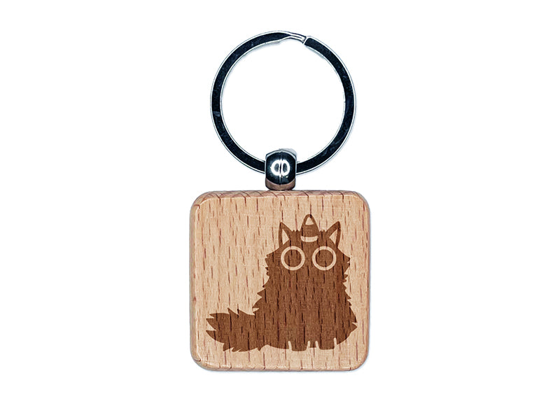 Fluffy Black Cat with Candy Corn Unicorn Horn Halloween Engraved Wood Square Keychain Tag Charm