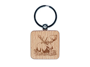 Moose Wading in Water Engraved Wood Square Keychain Tag Charm