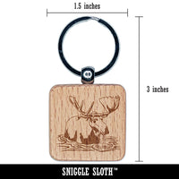 Moose Wading in Water Engraved Wood Square Keychain Tag Charm