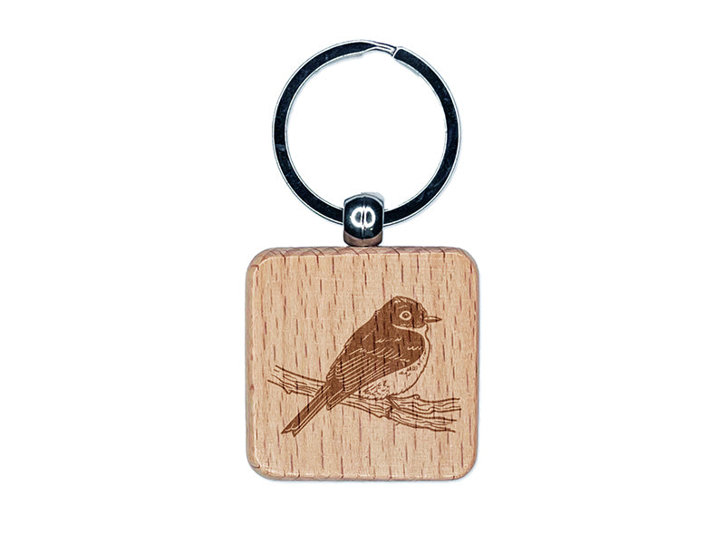 Phoebe Bird on a Branch Engraved Wood Square Keychain Tag Charm