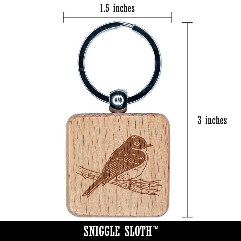 Phoebe Bird on a Branch Engraved Wood Square Keychain Tag Charm