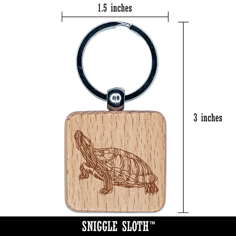 Red-Eared Slider Turtle Pet Reptile Engraved Wood Square Keychain Tag Charm