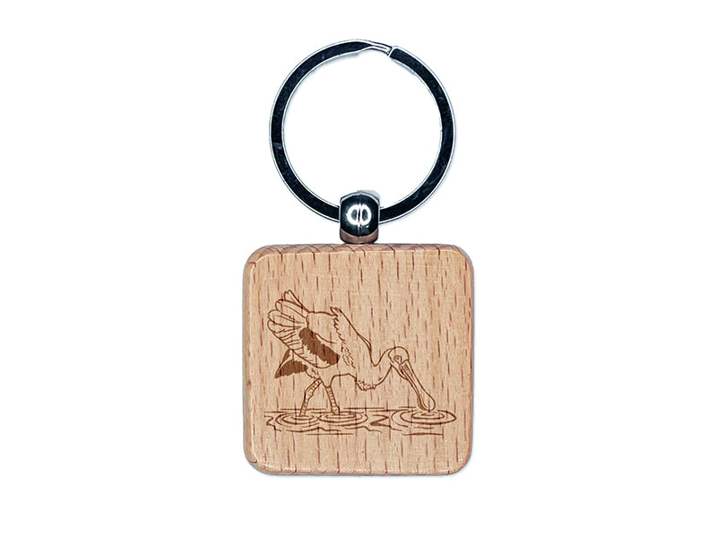 Roseate Spoonbill Wading in Water Bird Engraved Wood Square Keychain Tag Charm