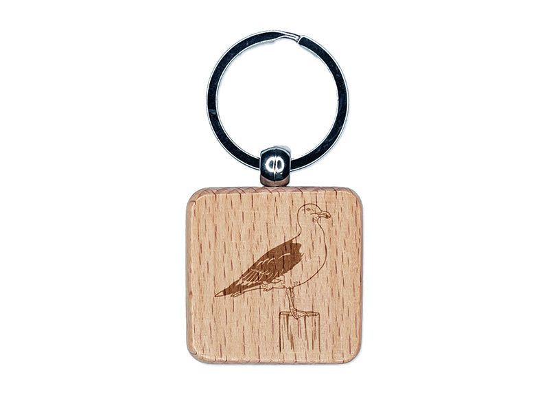 Seagull on a Post Bird Engraved Wood Square Keychain Tag Charm