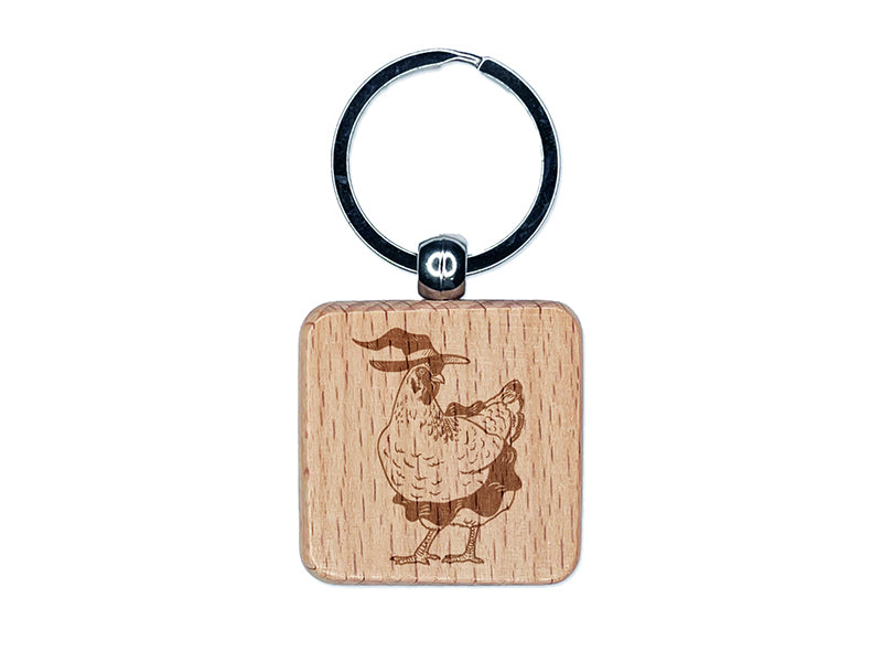 Witch Hen Halloween Holiday Chicken Engraved Wood Square Keychain Tag Charm