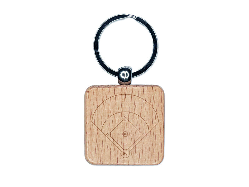 Baseball Softball Field Diamond Aerial View Engraved Wood Square Keychain Tag Charm