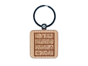 Bookcase of Books Engraved Wood Square Keychain Tag Charm