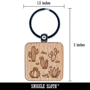 Cactuses Succulent and Stones Engraved Wood Square Keychain Tag Charm