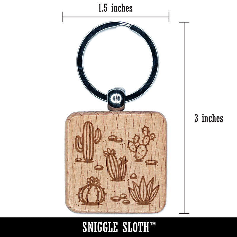 Cactuses Succulent and Stones Engraved Wood Square Keychain Tag Charm
